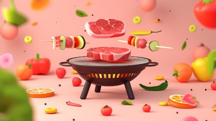 3D vector illustration of a cartoon-style barbecue grill with meat and vegetables on it, on a light pink background for the design cover page of a presentation or promotional materials. summer party