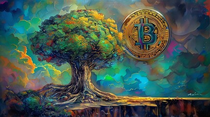 A vibrant painting of a large tree with multi-colored foliage next to a shining Bitcoin coin under a surreal sky.