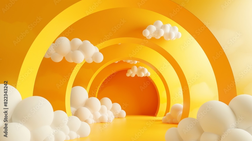 Poster white clouds flying out of a tunnel in an abstract yellow background in a 3d render