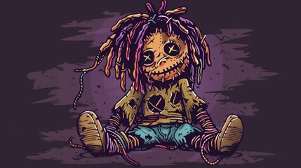 Featured are a pair of voodoo dolls with dreadlocks sitting down. Modern clip art illustration with simple gradients. All on one layer.
