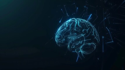 Brain icon from glowing blue lines on dark background with copy space. Human brain hologram, for futuristic medical and health care technology concept.