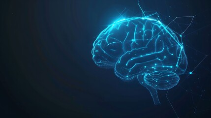 Brain icon from glowing blue lines on dark background with copy space. Human brain hologram, for futuristic medical and health care technology concept.