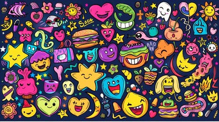 A set of groovy 70s elements with cartoon characters, doodle smile faces, flowers, melody, sandwich, stars, hearts, cherries and bubbles. Retro groovy hippie design suitable for decorative stickers.
