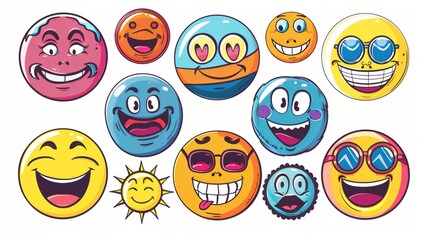 Stylish set of 70's groovy comic faces modern. A collection of cartoon character faces, legs, and hands in different poses, with happy, angry, sad, and cheerful expressions.