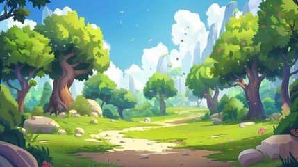 Animated cartoon forest illustration with realistic artwork style, suitable for use in wallpaper, games, and cards.