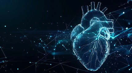 Heart icon from glowing blue lines on dark background with copy space. Human heart hologram, for futuristic medical and health care technology concept.