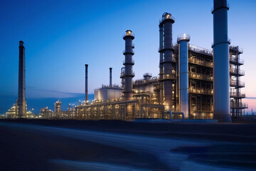 Fototapeta premium An industrial refinery at night with lights illuminating the complex structure. The nighttime setting emphasizes the continuous operations and technological advancements