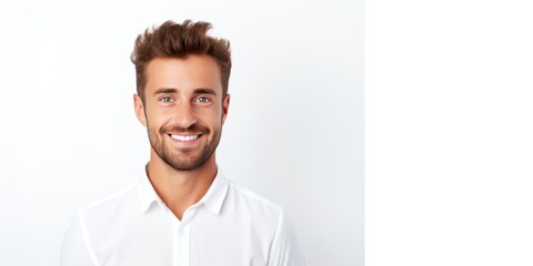 White background Happy european white man realistic person portrait of young beautiful Smiling man good mood Isolated on Background Banner 