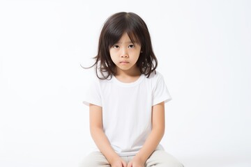 White background sad Asian child Portrait of young beautiful in a bad mood child Isolated on Background, depression anxiety fear burn out health 
