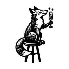 Cute fox drinks sparkling wine.  Vintage retro illustration, emblem logo. Black and white. png