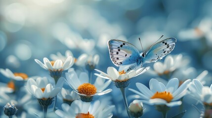 The background is a blue blossom plant with a butterfly in the garden in spring. Generative AI. - Powered by Adobe