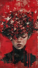 Painting of a woman with a red hat with birds on it.  Vertical background 