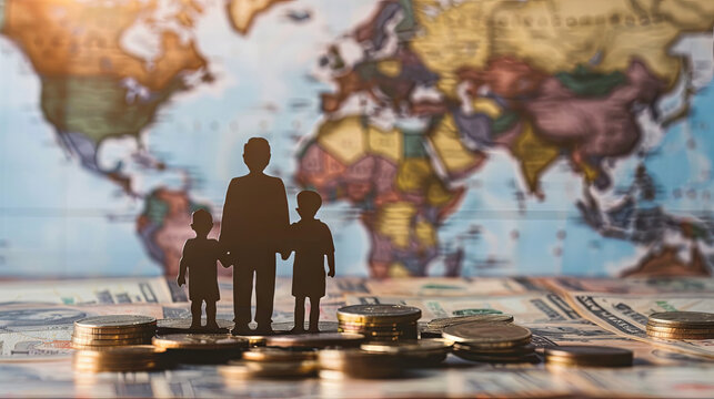 A dark silhouette of a family on a pile of money on a world map background. June 16 is the International Day of Family Remittances