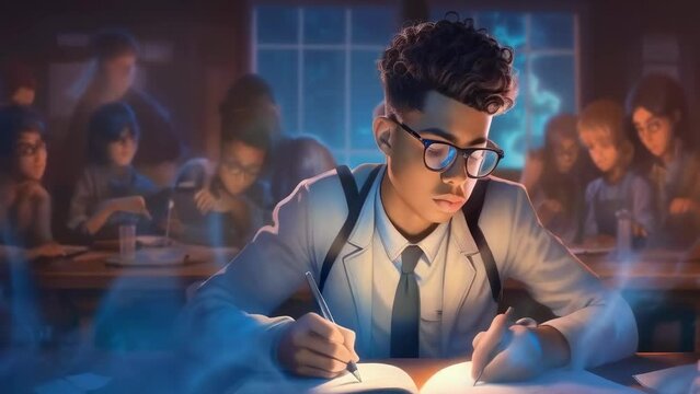 A young black man intensely studying in a dimly lit library, surrounded by focused peers. The warm light from a lamp illuminates his work area. Scientific research work. Discoveries and achievements