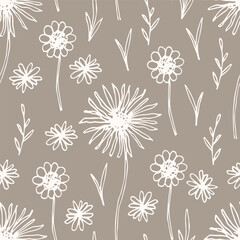 Simple floral vector seamless pattern. Light outline of wildflowers on a gray background. For fabric prints, textile products, clothing, packaging.