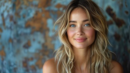 smiling blonde woman portrait with fresh makeup and long hair in studio.stock photo