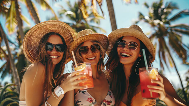Happy girlfriends with cocktails on the beach. The concept of summer vacation at the resort