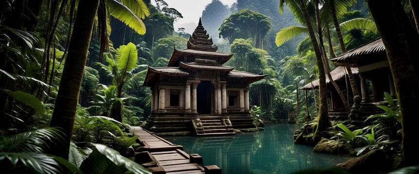 Travel Backpackers exploring a hidden jungle temple sense