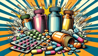 A vibrant pop art comic style illustration of various medication bottles and pills in a dynamic, colorful layout.
