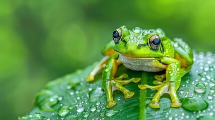 dewkissed amphibian vibrant green frog rests on wet leaf closeup nature photography