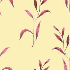 Monochrome burgundy twigs with leaves. Seamless pattern on a yellow background. Hand drawn watercolor illustration. For design, fabrics, textiles, wallpaper, prints, wrapping paper