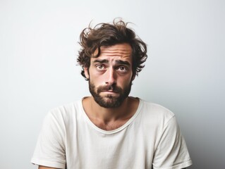 White background sad european white man realistic person portrait of young beautiful bad mood expression man Isolated on Background depression 