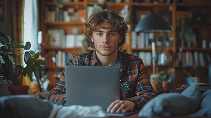 young man student using laptop computer at home studying online creative professional working in office distance study work from home.stock photo