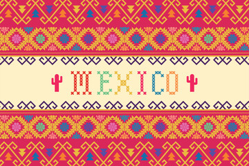 fondo rosa de textil mexicano con la palabra MEXICO al centro, horizontal