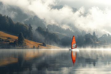 Artistic rendering of a person windsurfing on a vast, shimmering lake, with rolling hills and forests on the horizon,