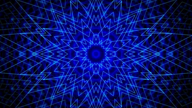 Seamless loop animation of blue mandala pulsating with shiny psychedelic patterns on a dark background. Hypnotic kaleidoscope for yoga art visualization and trance music festival performance. 4k 60fps