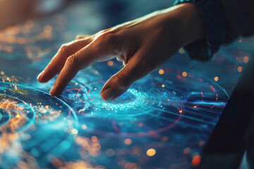 A close-up of a meteorologist's hand adjusting a satellite data feed on a touchscreen interface, focusing on precision and interaction.