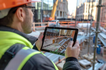 A construction manager using a tablet to interact with a 3D model of the building under construction, reflecting on-site real-time updates. Use for National Construction Day