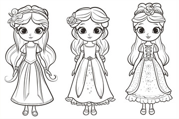 coloring pages with cute princess characters, happy princess characters set. Black and white vector illustration of children's activity coloring book pages with pictures of Character princess