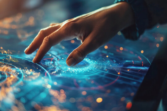 A close-up of a meteorologist's hand adjusting a satellite data feed on a touchscreen interface, focusing on precision and interaction.