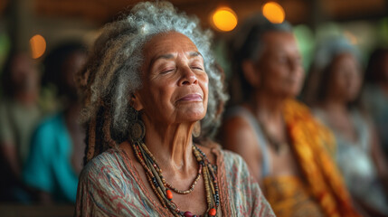 African American Elderly Woman Embracing Peace During Meditation Session