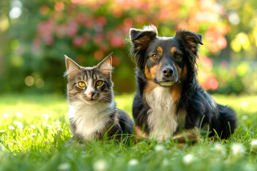 A cat and a dog sitting together on grass, with a blurred floral background in sunlight.