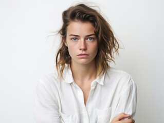 White background sad european white Woman realistic person portrait of young beautiful bad mood expression Woman Isolated on Background depression