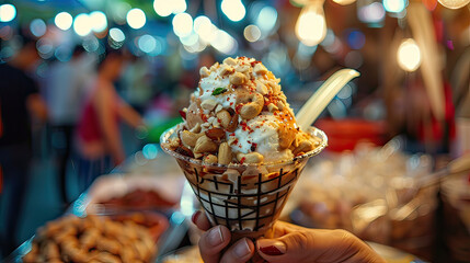 Naklejka premium Tamarind ice cream sundae with roasted peanuts and chili salt, in a bustling Bangkok night market, Psychedelic, 3D