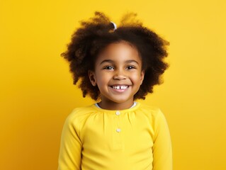 Yellow background Happy black american african child Portrait of young beautiful kid Isolated on Background ethnic diversity equality acceptance concept