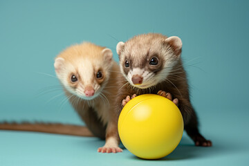Baby ferrets playing with a yellow ball, looking cute and curious against a blue background