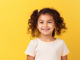 Yellow background Happy european white child realistic person portrait of young beautiful Smiling child Isolated on Background Banner with copyspace