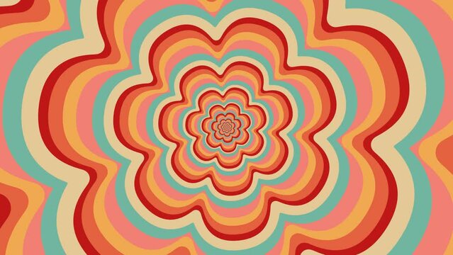 Retro, colorful rotating flower tunnel, groovy, hippie, flat pattern, abstract, cartoon looping background in seventies style.