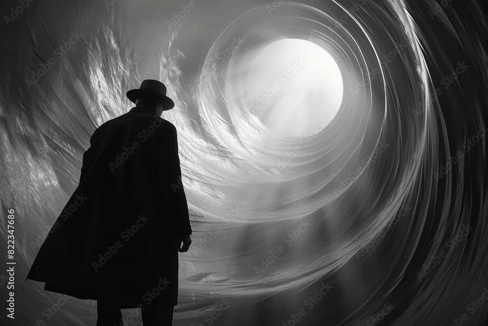 Poster abstract illustration of the fool, depicted as a circle stepping into the unknown, surrounded by swi