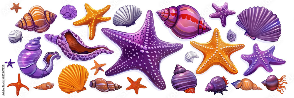 Sticker assorted colorful seashells and starfish isolated on white background banner. panoramic web header. 