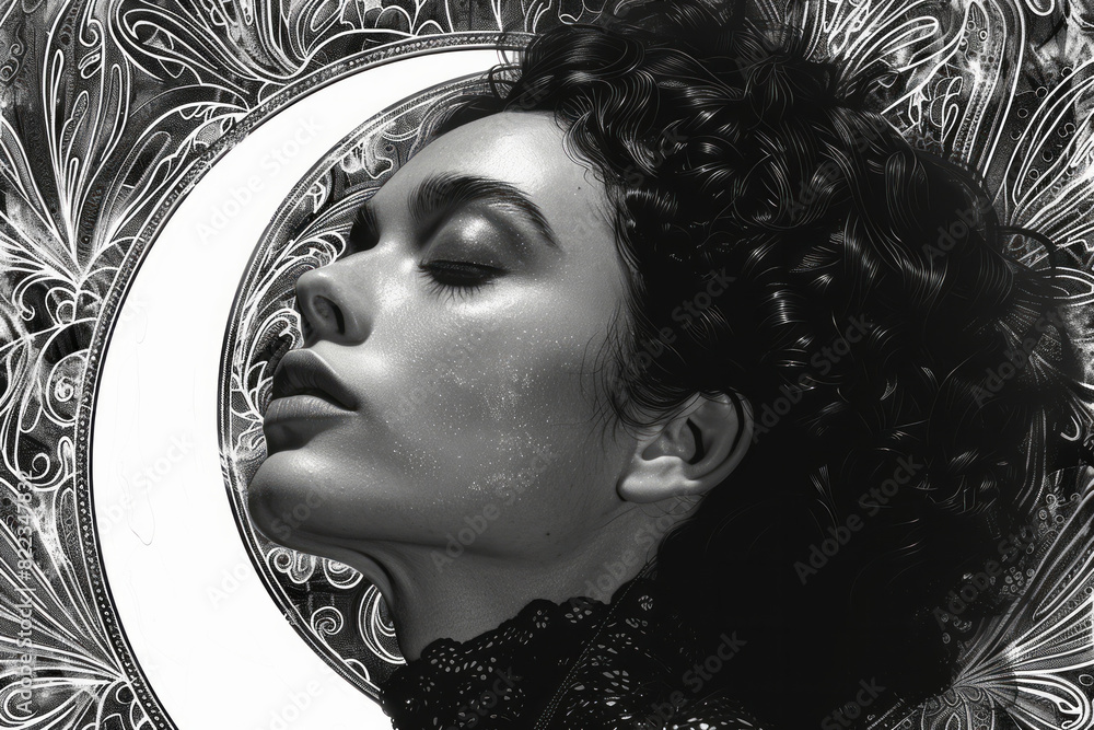 Poster Illustration of The High Priestess, shown as a crescent moon with intricate, intertwining patterns of light and shadow,