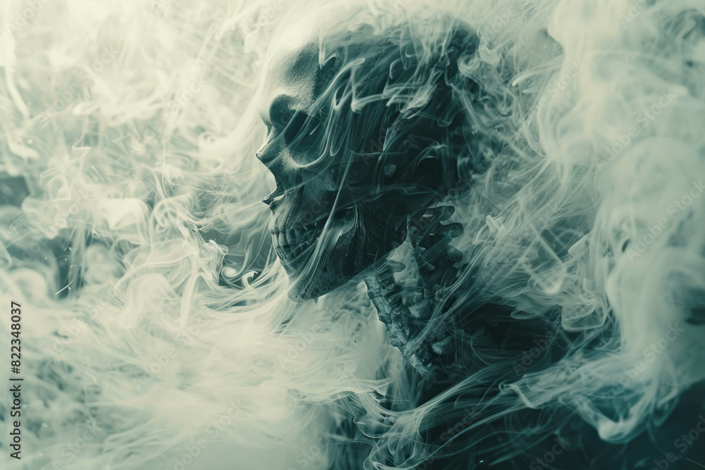Poster illustration of death, depicted as a skeletal figure dissolving into abstract shapes and lines, symb