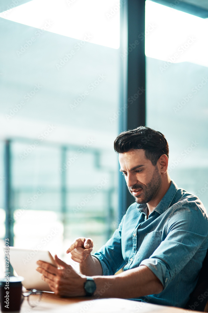 Poster Tablet, web design and business man in office for online research, graphic designer and internet. Creative startup, working and person on digital tech for planning, programming and website review