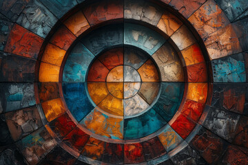 Abstract image of The Wheel of Fortune, represented by a circle divided into four quadrants, each with unique patterns and colors,