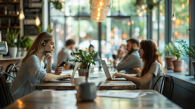a bustling cafe scene with a couple chatting people engrossed in phone conversations and business professionals working together on laptops and tablets exuding teamwork and camaraderie.stock image