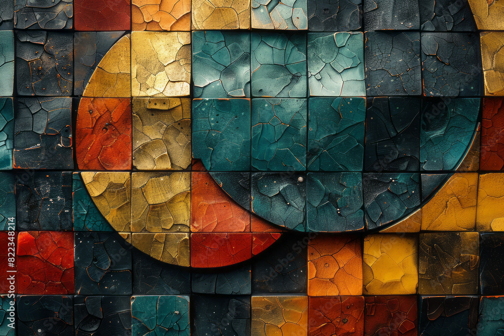Poster abstract depiction of the world, represented by a circle encompassing various shapes and patterns, s